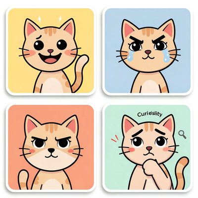 Karty emocji: Radość, Smutek, Złość, Ciekawość