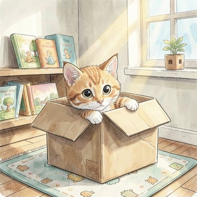 Ilustracja do opowiadania: kotek w pudełku