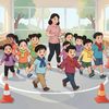 Ilustracja: Dzieci maszerują w rzędach