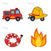Ilustracje: wóz strażacki, hełm, wąż, ogień