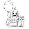 Kolorowanka: balon, tort, klaun, prezent