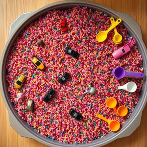 Skrzynia sensoryczna z kolorowym ryżem i autkami