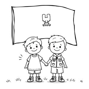 Kolorowanka: flaga i uśmiechnięte dzieci