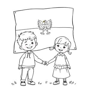 Kolorowanka: flaga i uśmiechnięte dzieci