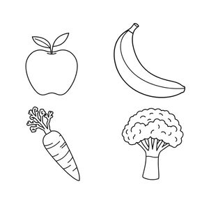 Kolorowanka: jabłko, banan, marchewka, brokuł
