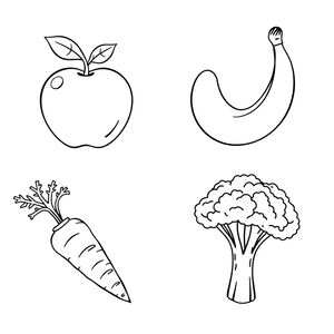 Kolorowanka: jabłko, banan, marchewka, brokuł