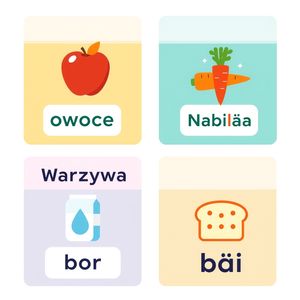 Karty kategorii do sortowania (Owoce / Warzywa / Nabiał / Zboża)