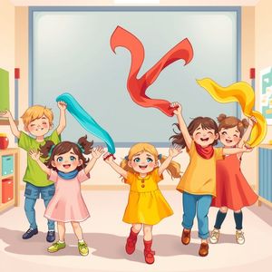 Plakat 'Sałatkowy Taniec' — dzieci tańczą z chusteczkami