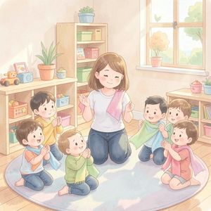 Krąg powitalny — opiekun i dzieci (ilustracja)