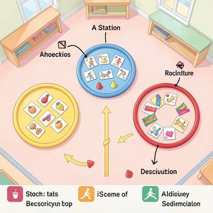 Plan toru słów — stacje z hula-hoop i kolorowymi szalikami