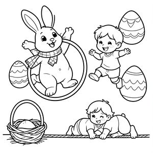 Kolorowanka: Zajączek i zabawy wielkanocne