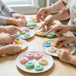 Wspólne wystawienie prac — stół z bułeczkami i ciasteczkami