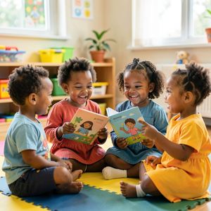 Scena zajęć — opiekun i dzieci w kole