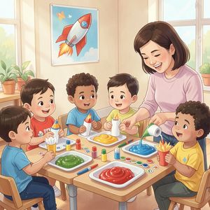 Scena z zajęć: dzieci robią rakiety przy stolikach