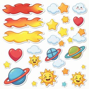 Arkusz naklejek i ozdób: płomienie, gwiazdki, chmury, planety