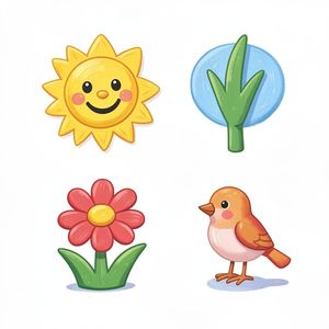 Ikony wiosenne — słońce, kwiat, trawa, ptak