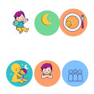 Zestaw piktogramów: prawa dziecka (zabawa, jedzenie, sen, przytulanie, mówienie)