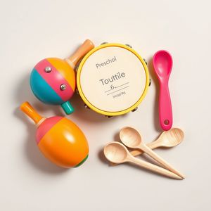 Zestaw instrumentów - zdjęcia referencyjne (grzechotka, tamburyn, bębenek, łyżki)