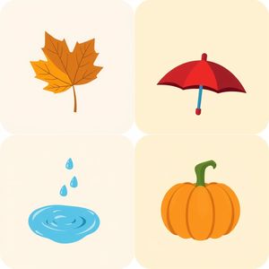 Karty obrazkowe - motywy jesienne (liść, parasol, kałuża, dynia)