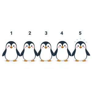 Plansza z pięcioma pingwinami ponumerowanymi 1–5