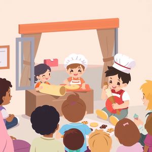 Ilustracja sceny teatrzyku — dzieci odgrywają piekarnię