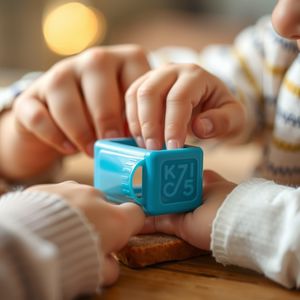 Zbliżenie — dorosła dłoń pomagająca dziecku przy wykrawaniu