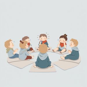 Scena kończąca: uspokojenie — siedzące dzieci z chustami i shakerem