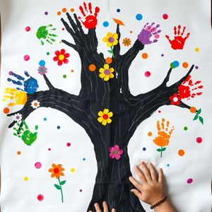 Przykład pracy plastycznej — paluszkowe kwiaty na drzewku