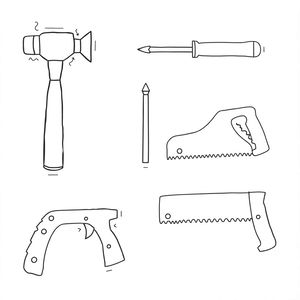 Szablony narzędzi (młotek, śrubokręt, piła)