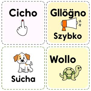 Karty z komendami: Cicho / Głośno / Szybko / Wolno