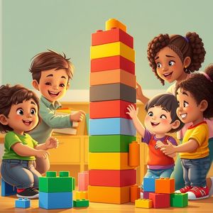 Ilustracja: wspólne budowanie dużej wieży