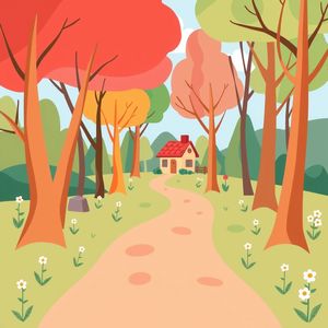 Tło/scena: Leśna ścieżka z domkiem babci