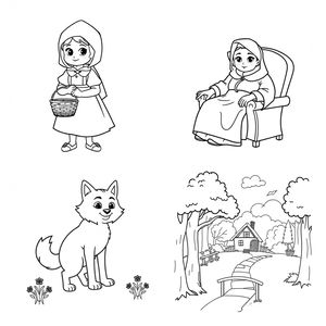 Kolorowanki: Kapturek, Babcia, Wilk, Las (kontury)