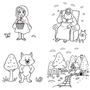 Kolorowanki: Kapturek, Babcia, Wilk, Las (kontury)