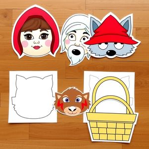 Szablony masek i rekwizytów do druku (Kapturek, Babcia, Wilk, chustka, koszyk)