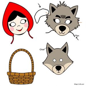 Szablony masek i rekwizytów do druku (Kapturek, Babcia, Wilk, chustka, koszyk)