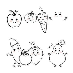 Strona do kolorowania — postacie owoców i warzyw