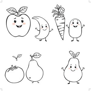 Strona do kolorowania — postacie owoców i warzyw