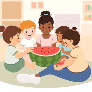 Ilustracja: maluchy dotykają i wąchają arbuza