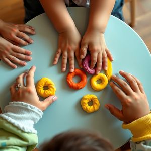 Zbliżenie: dłonie dzieci ugniatają plastelinę (sensoryka)