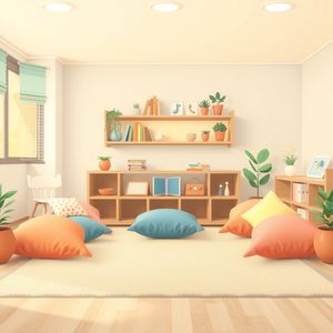 Obrazek: kącik relaksu z miękkimi poduszkami i odtwarzaczem muzyki