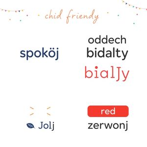 Plakat z prostymi słowami — 'spokój', 'oddech', 'biały', 'czerwony'