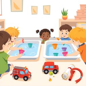 Ilustracja sceny: Zabawy wodne — małe strażaki