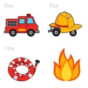 Ilustracje: wóz strażacki, hełm, wąż, ogień