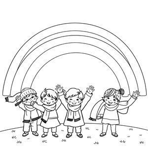 Kolorowanka: Tęcza i dzieci z chusteczkami