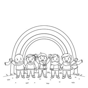 Kolorowanka: Tęcza i dzieci z chusteczkami