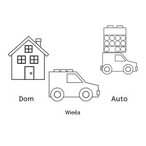 Karty do kolorowania: dom, wieża, auto