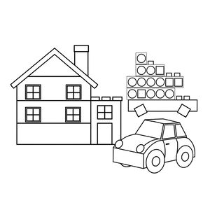 Karty do kolorowania: dom, wieża, auto