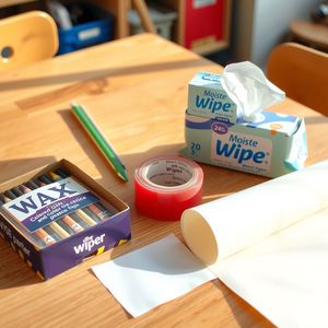 Zdjęcie materiałów: kredki, taśma, wilgotne chusteczki