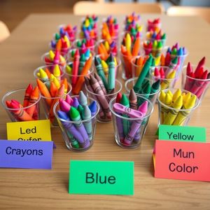 Kubeczki z kredkami posegregowanymi kolorami
